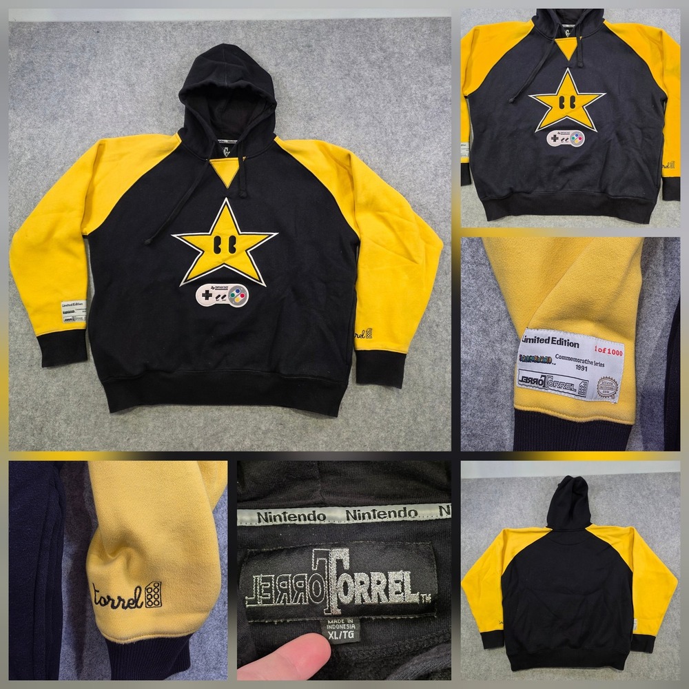 Torrel Nintendo Hoodie Mens XL Black Yellow Super Mario Star Pullover Sweatshirt